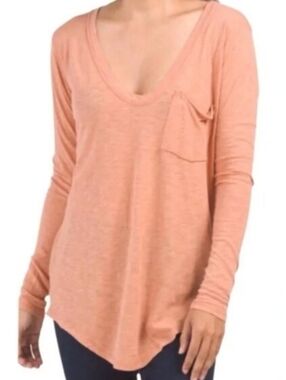 We The Free Peach Long Sleeve V-Neck Pocket Top